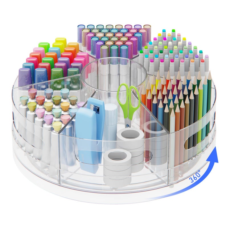 CraftGenes Pen Organizer for Desk - Acrylic Pen Holder with Hand Grips, 360 Extra Large Rotating Desk Organizer with 7 Removable Compartments for Office, Home, and Makeup Storage, Marker Organizer - Image 1